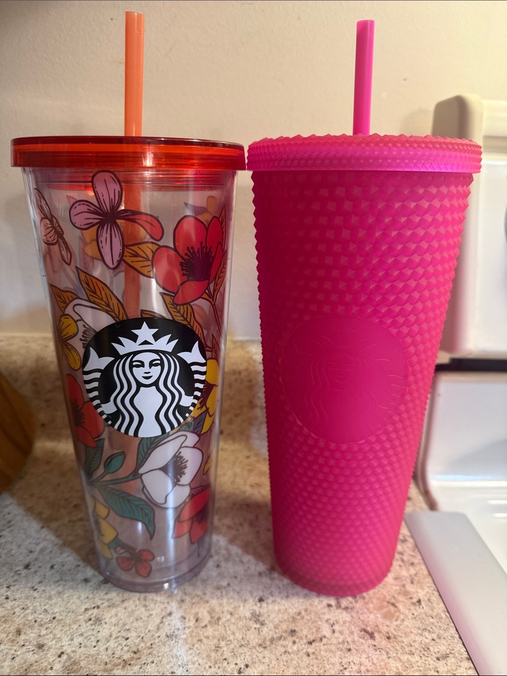 Set of 2 Starbucks Tumblers - Floral Clear & Hot Pink Studded